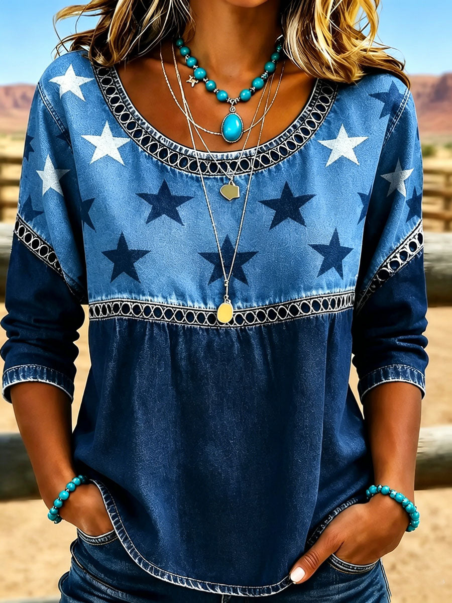 Women's Casual Round-Neck Printed Cotton-Linen Top