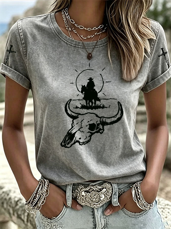 Camiseta casual de mujer de estilo vaquero con «American Love Jesus» y cuello redondo