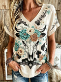 Women's Western Floral and Cow Skull Print Short-Sleeve Top