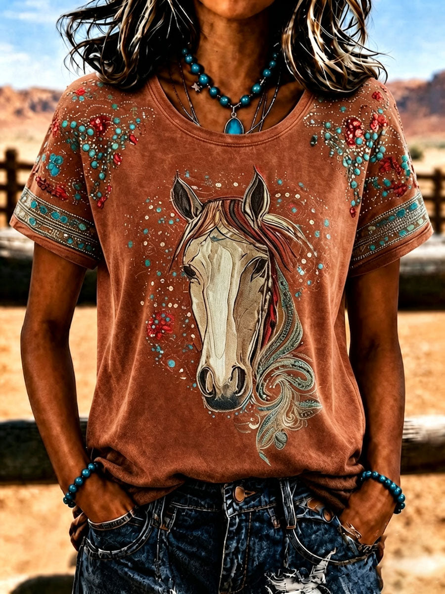 Women'S Retro Western Style Printed T-Shirt