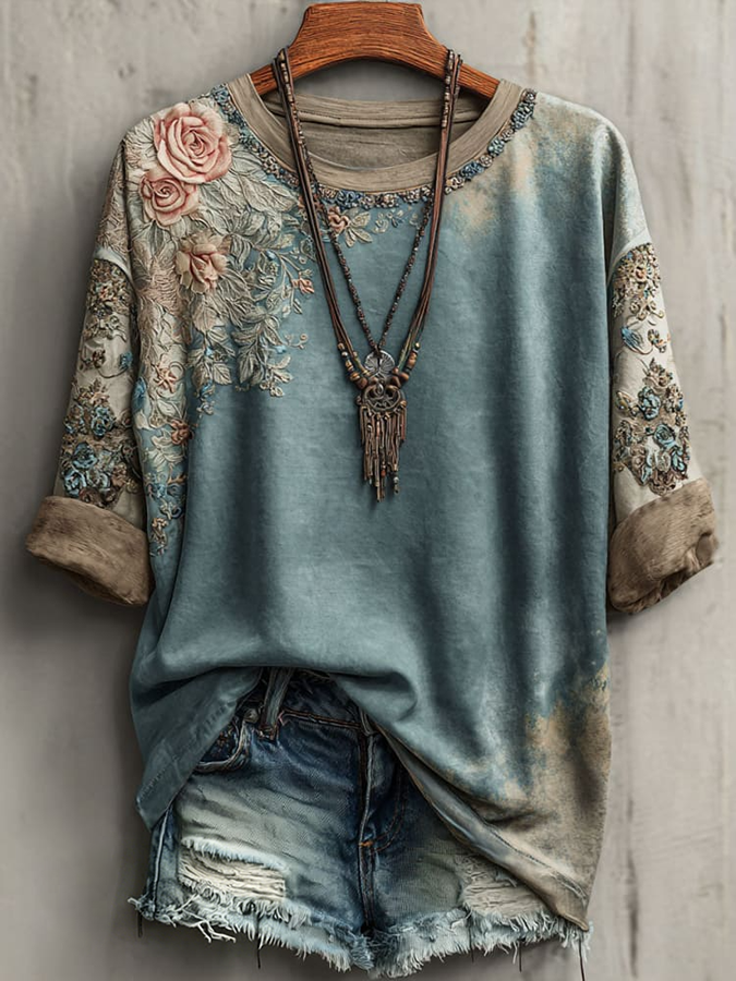 Camiseta informal vintage estampada de manga corta para mujer