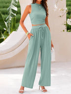Ribbed Crop Top & Wide-Leg Pants Set