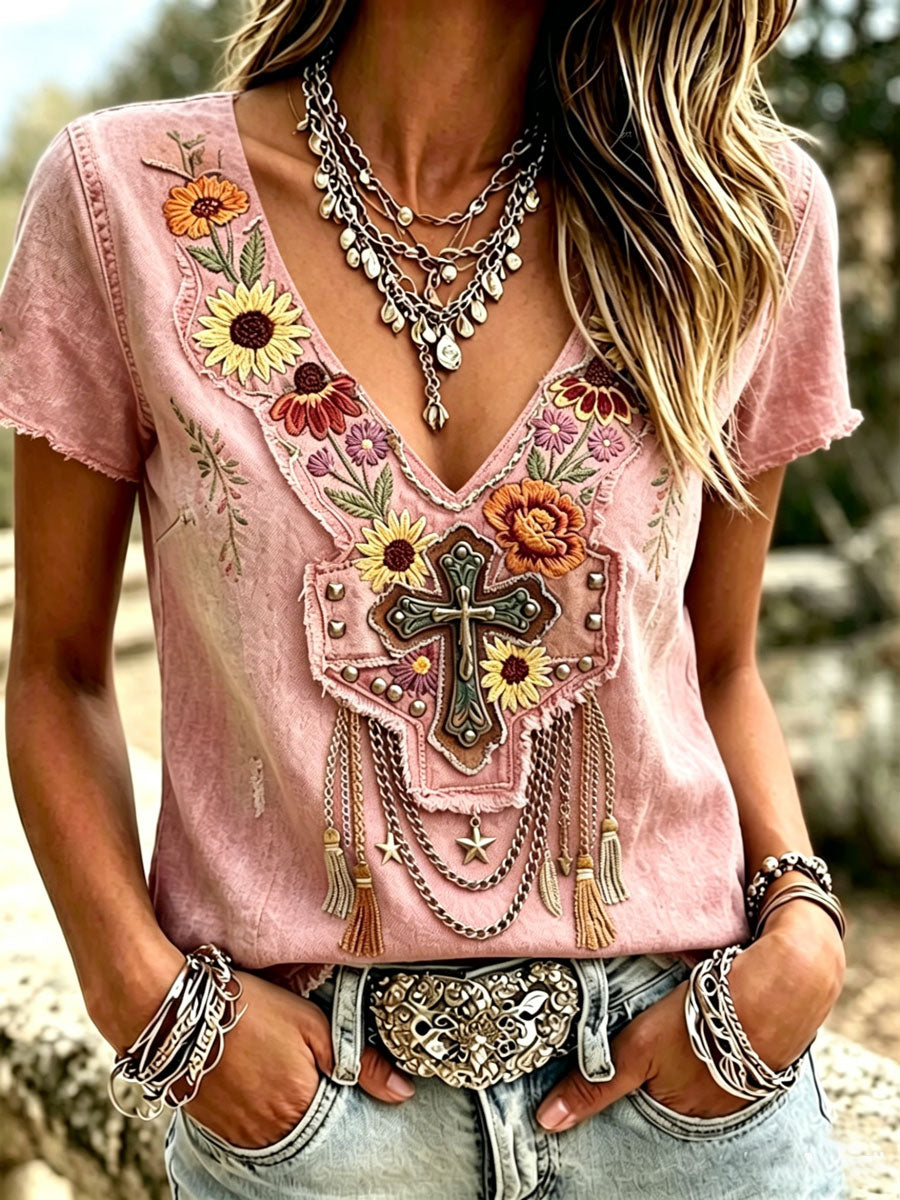 Camiseta informal de estilo western retro y de fe para mujer