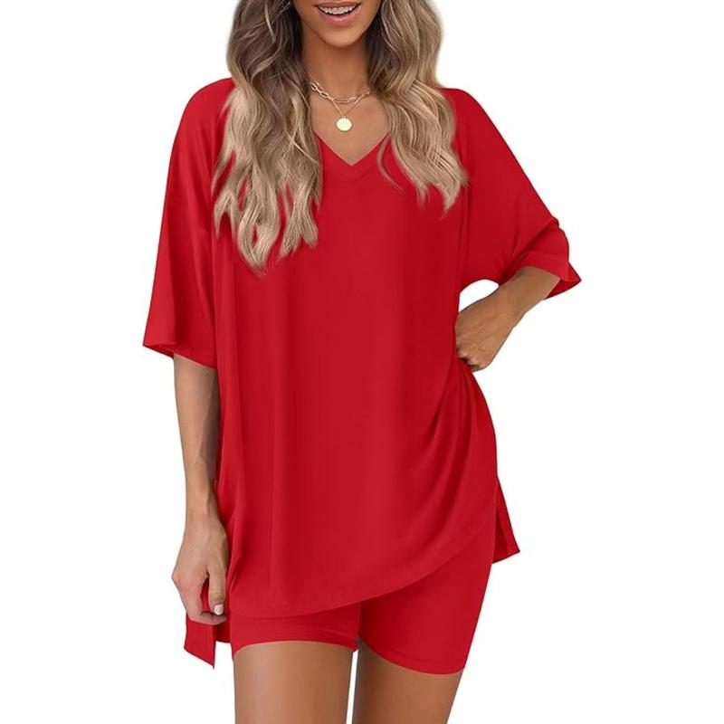 Women’s Buttery-Soft V-Neck Lounge Set – Oversized Split-Hem Top & Biker Shorts