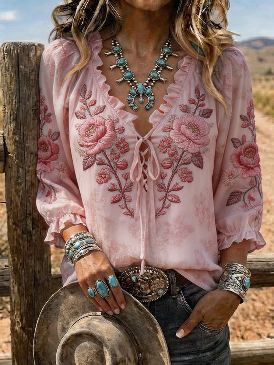 Women's Floral Embroidered Lace-Up Western Blouse