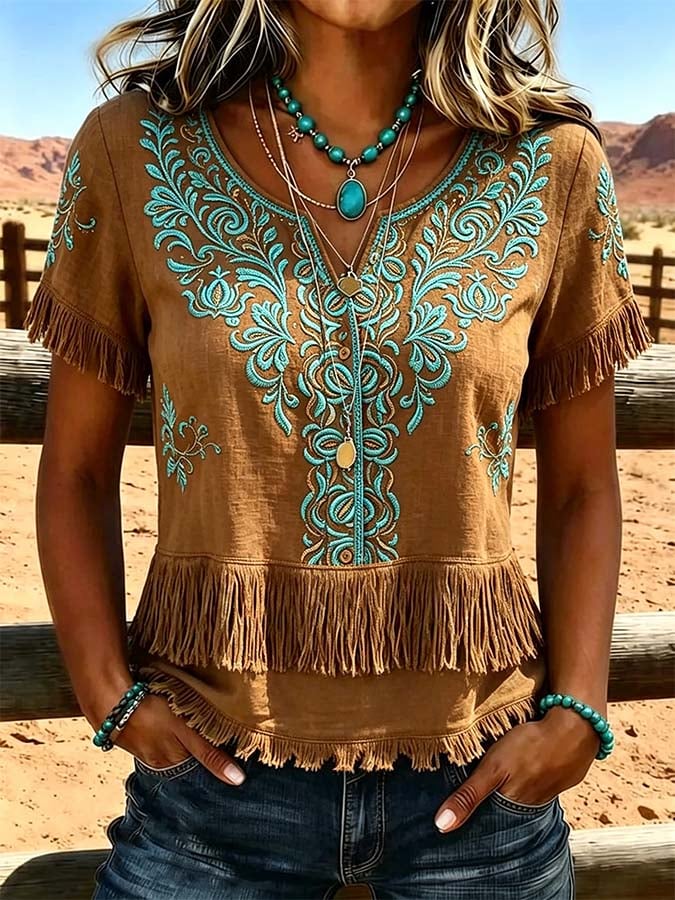 Women'S Casual Tassel Patchwork Printed Top