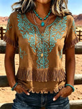Women'S Casual Tassel Patchwork Printed Top