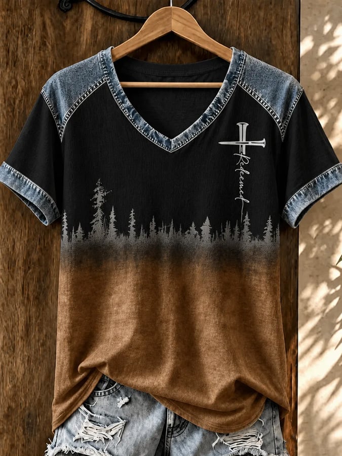 Top escotado en V con estampado vintage western de fe para mujer