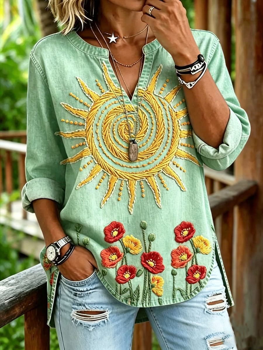Camisa informal para mujer con estampado floral vintage y cuello de pico