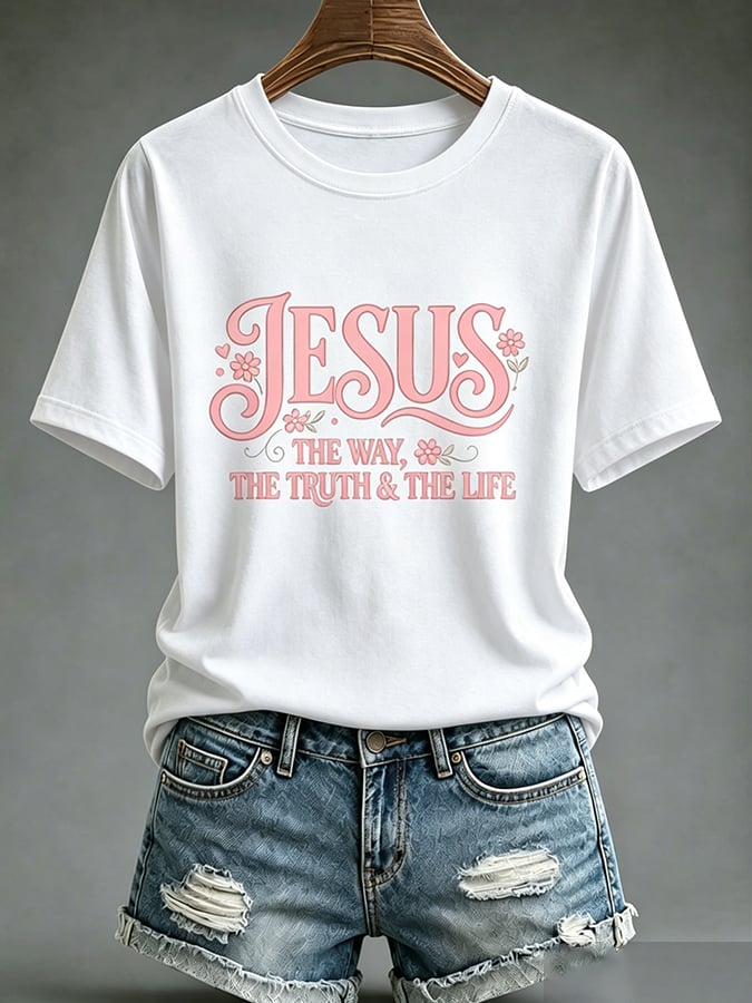 Parte superior estampada de fe con cruz para mujer: «Jesús, el camino, la verdad y la vida»