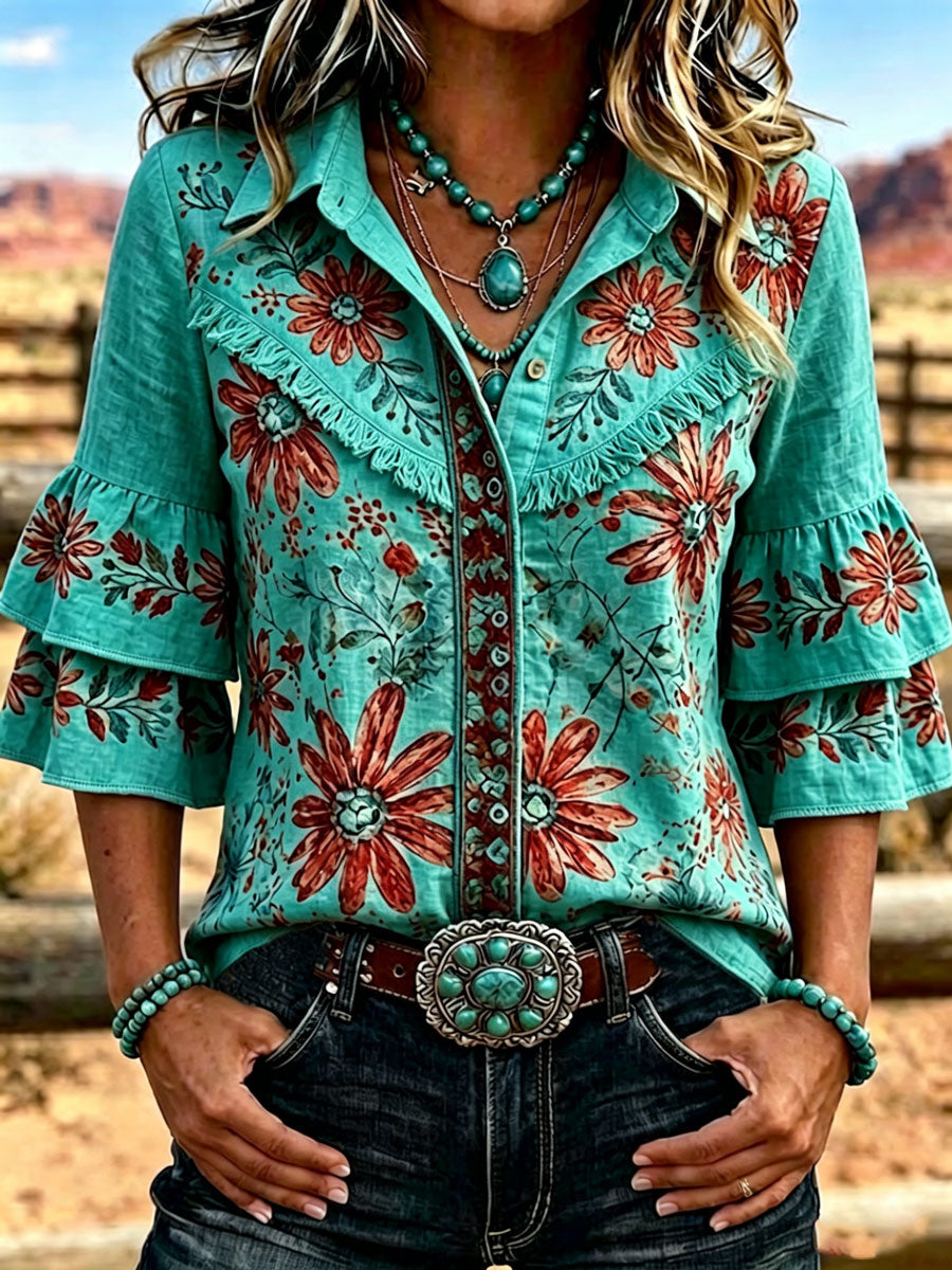 Camisa casual vintage de mujer con estampado floral, volantes y solapa