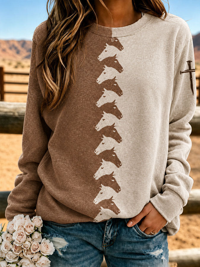Women'S Western Style Cross Print Round Neck Sweatshirt
