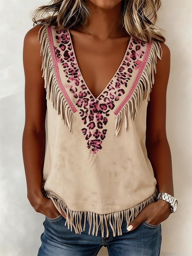 Women's Casual Leopard Print Tassel Top