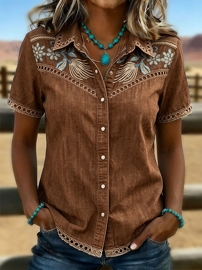 Camisa informal para mujer con estampado de arte floral vintage, paneles calados y patchwork