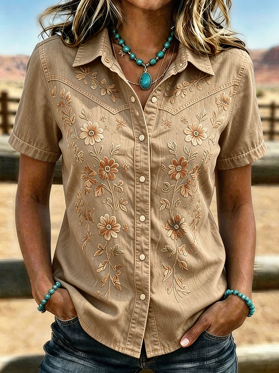 Camisa western de manga corta con bordado floral para mujer