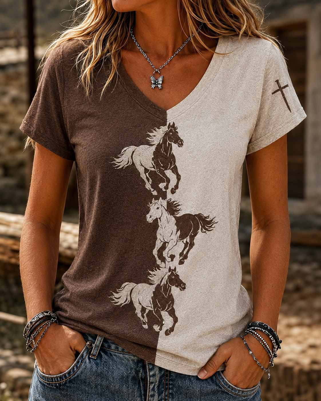 Women'S Retro Western Style Horse Print V-Neck T-Shirt