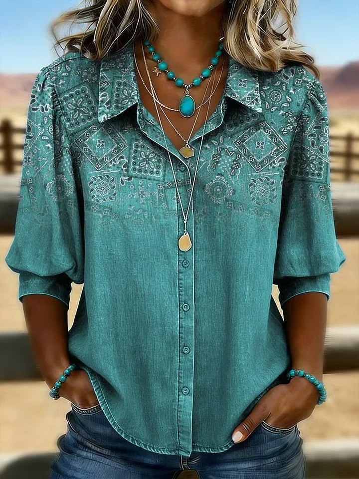 Camisa informal retro estampada con mangas abullonadas