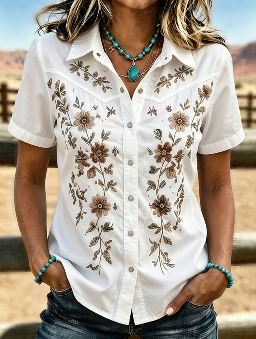 Camisa western de manga corta con bordado floral para mujer