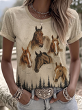 Women's Western style animal cross round neck T-shirt