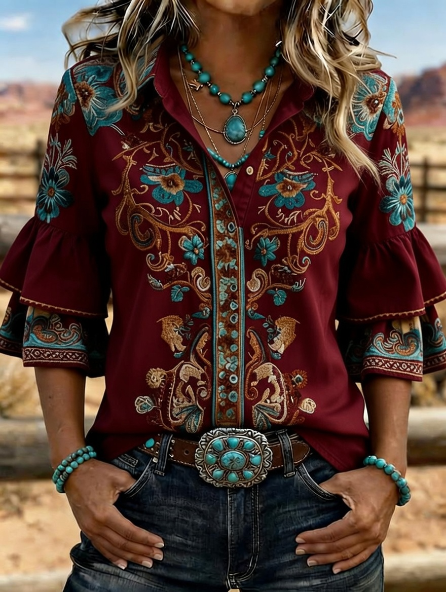 Camisa vaquera western para mujer con bordado floral y mangas acampanadas
