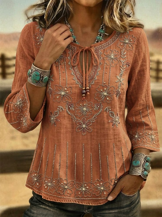Top western vintage para mujer con estampado floral y corte entallado