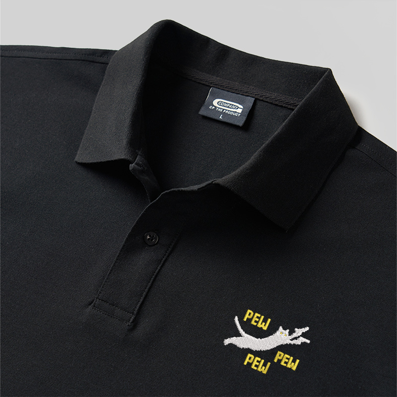 Pew Pew Pew Cat Geek Embroidered Polo Shirt