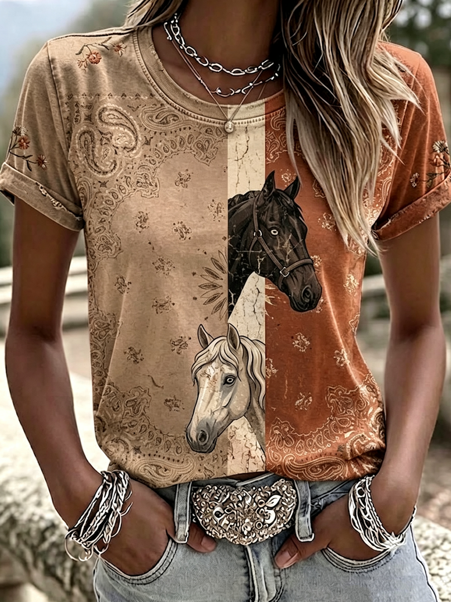 Women's Western style animal cross round neck T-shirt