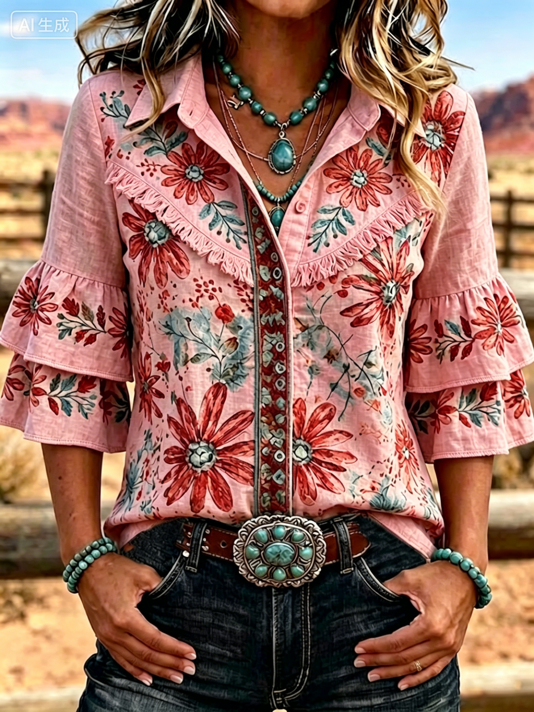 Women's Vintage Floral Print Casual Ruffle Lapel Shirt