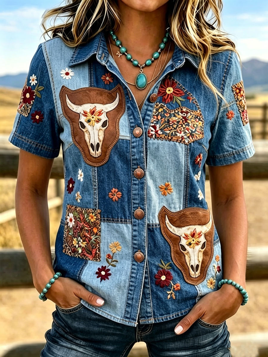 Camisa de mujer de estilo vaquero con estampado floral retro de animales
