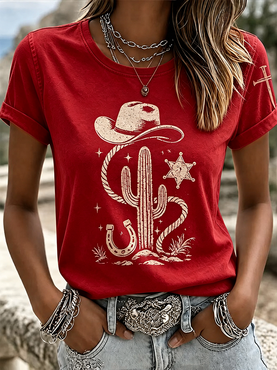 Camiseta de mujer con estampado en las mangas de sombrero vaquero retro, cactus, estrella, lazo y cruz