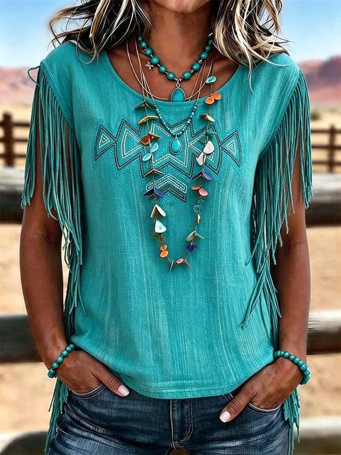 Women'S Casual Tassel Patchwork Printed Top