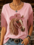 Women's Retro Horse Print Tassel Round Neck Top