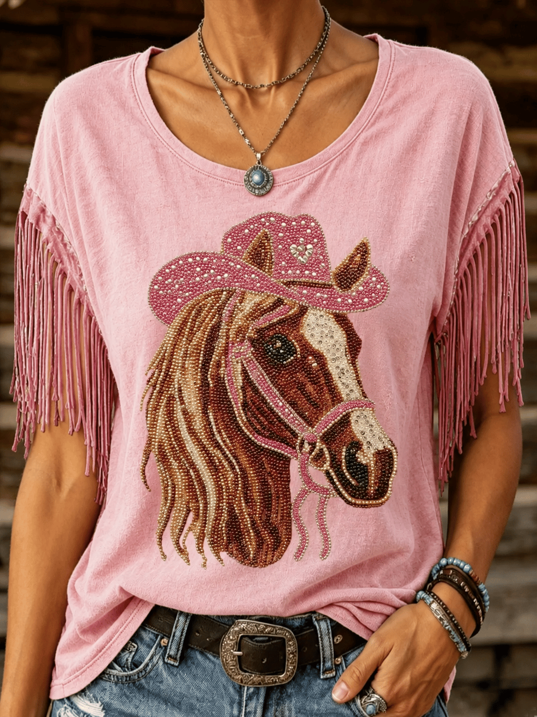 Women's Retro Horse Print Tassel Round Neck Top