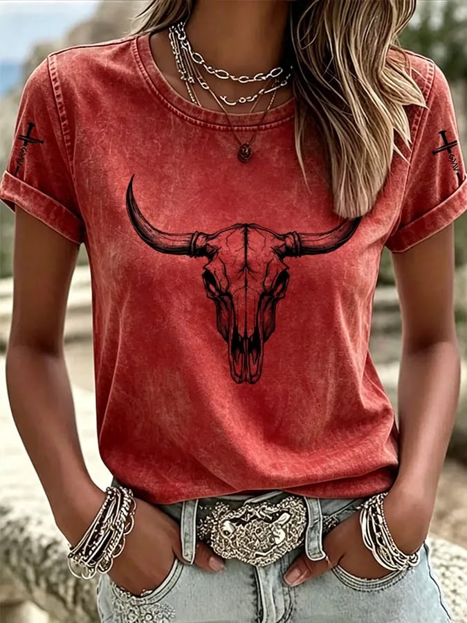 Camiseta de cuello redondo con estampado degradado de fe y arte ecuestre western para mujer