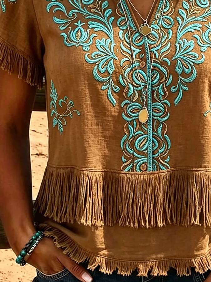 Women'S Casual Tassel Patchwork Printed Top