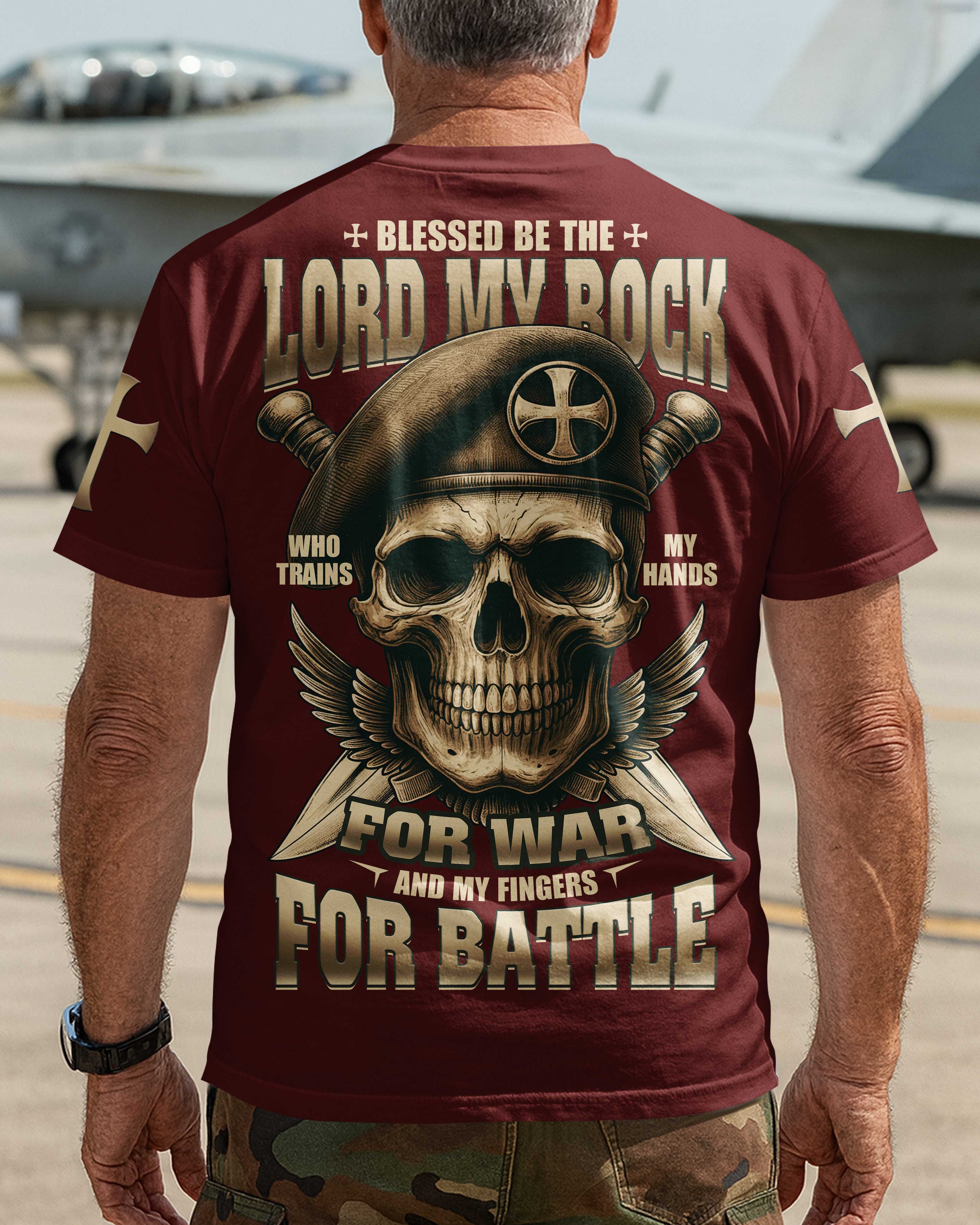 T-shirt « Béni soit l'Éternel, mon rocher, qui exerce mes mains au combat »