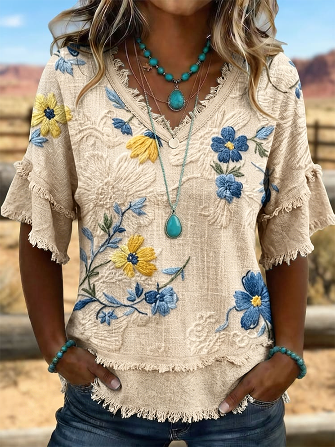 Camisa vintage para mujer de patchwork de arte, algodón y lino