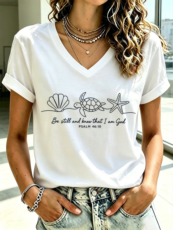 Damen Strandurlaub und Freizeit Meeresschildkröte "Be Still And Know That I Am God" Glaube bedrucktes T-Shirt