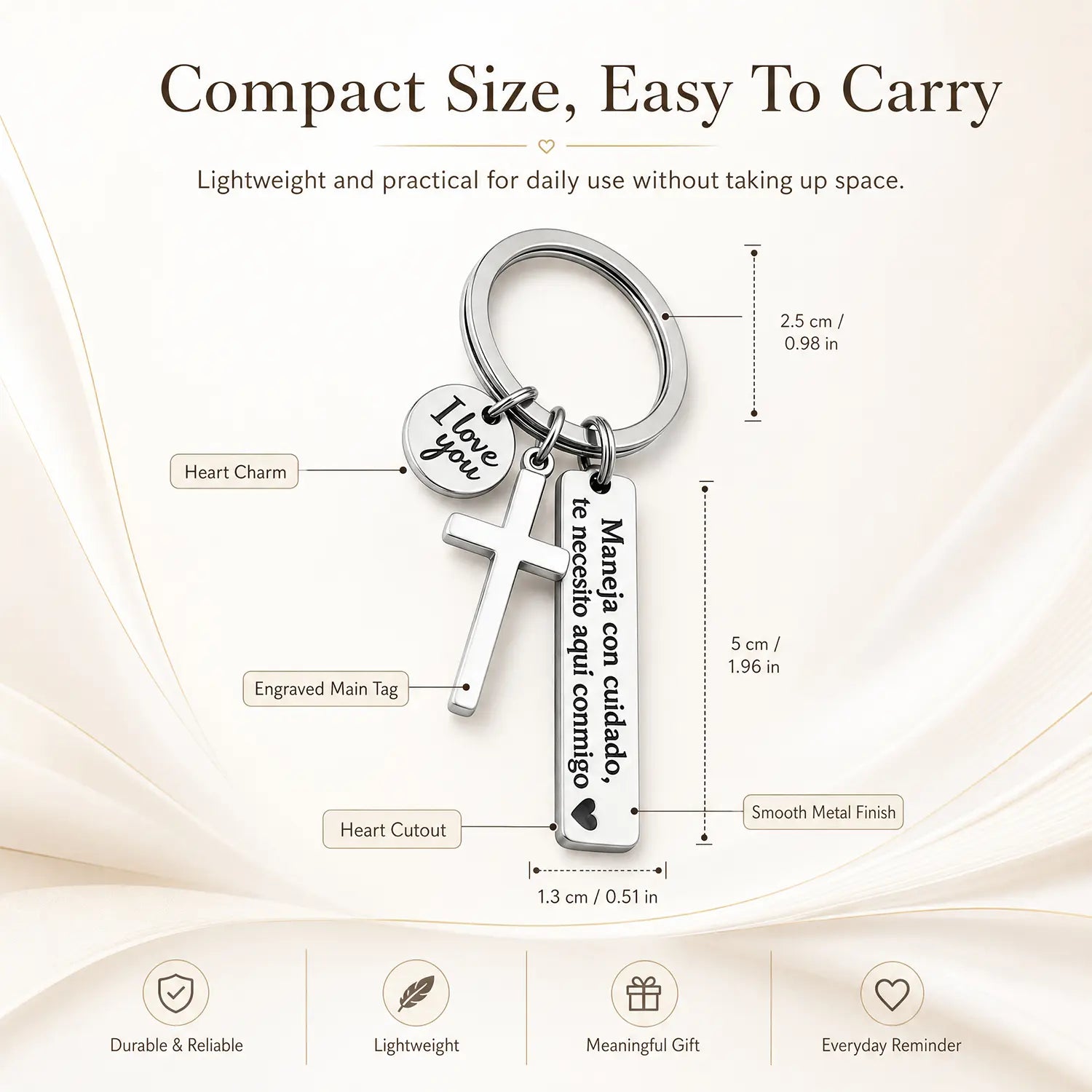 Maneja Con Cuidado Drive Safe Keychain with Cross & I Love You Charm
