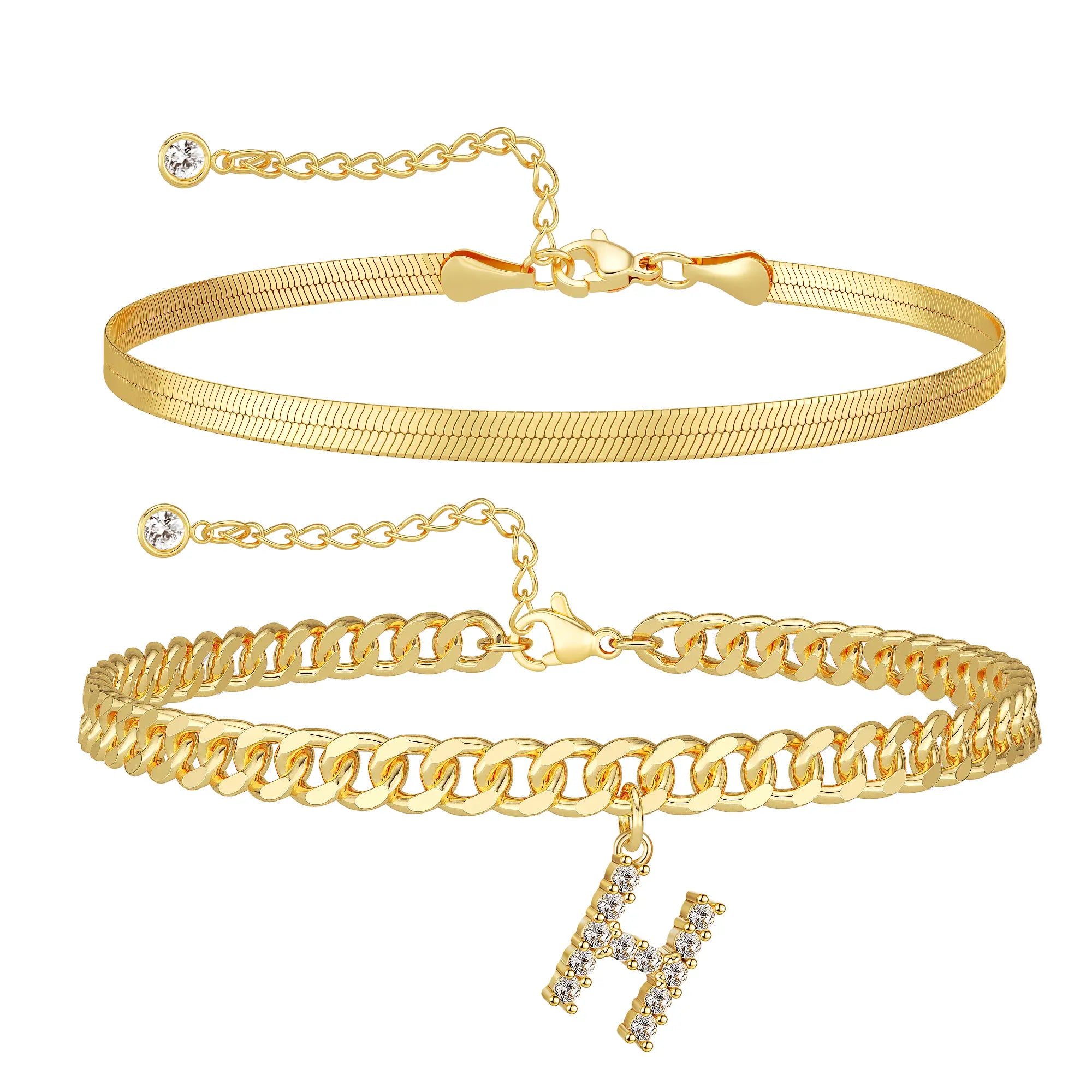 Women's Gold Stackable Anklet Set with Letter Pendant