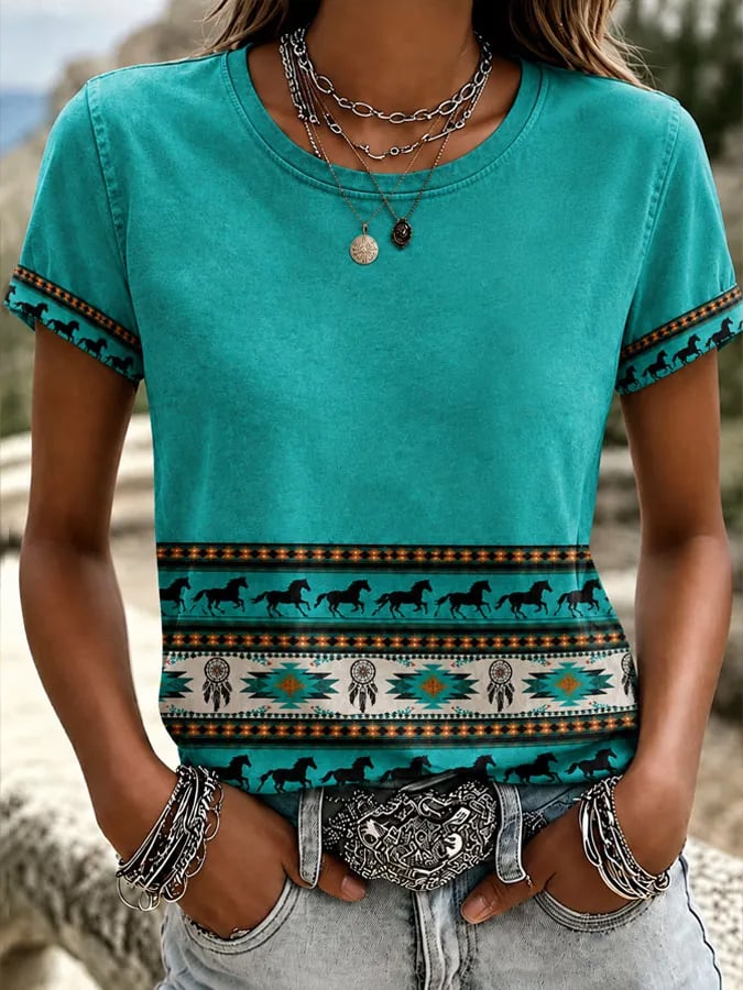 Women's Western-Style Vintage Print Crew-Neck T-Shirt