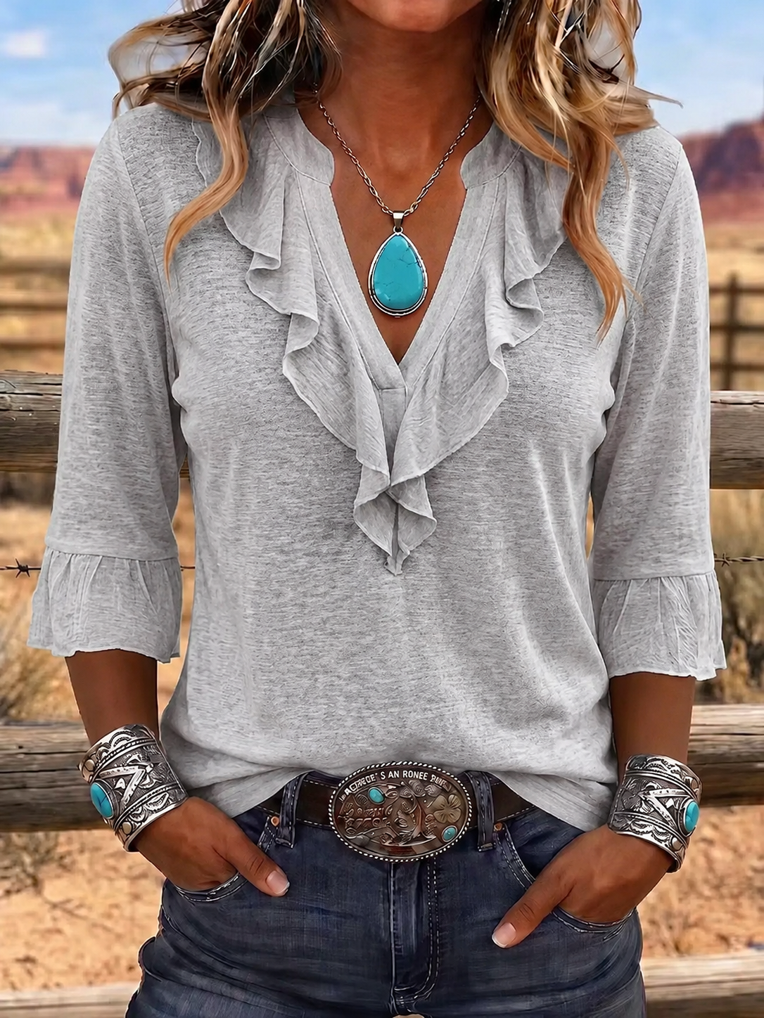 Top casual de mujer de estilo vaquero con cuello en V, volantes y algodón y lino