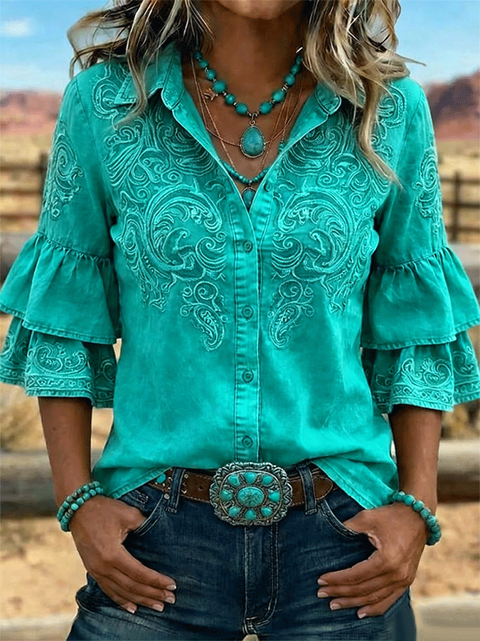 Camisa casual vintage de mujer con estampado floral, volantes y solapa