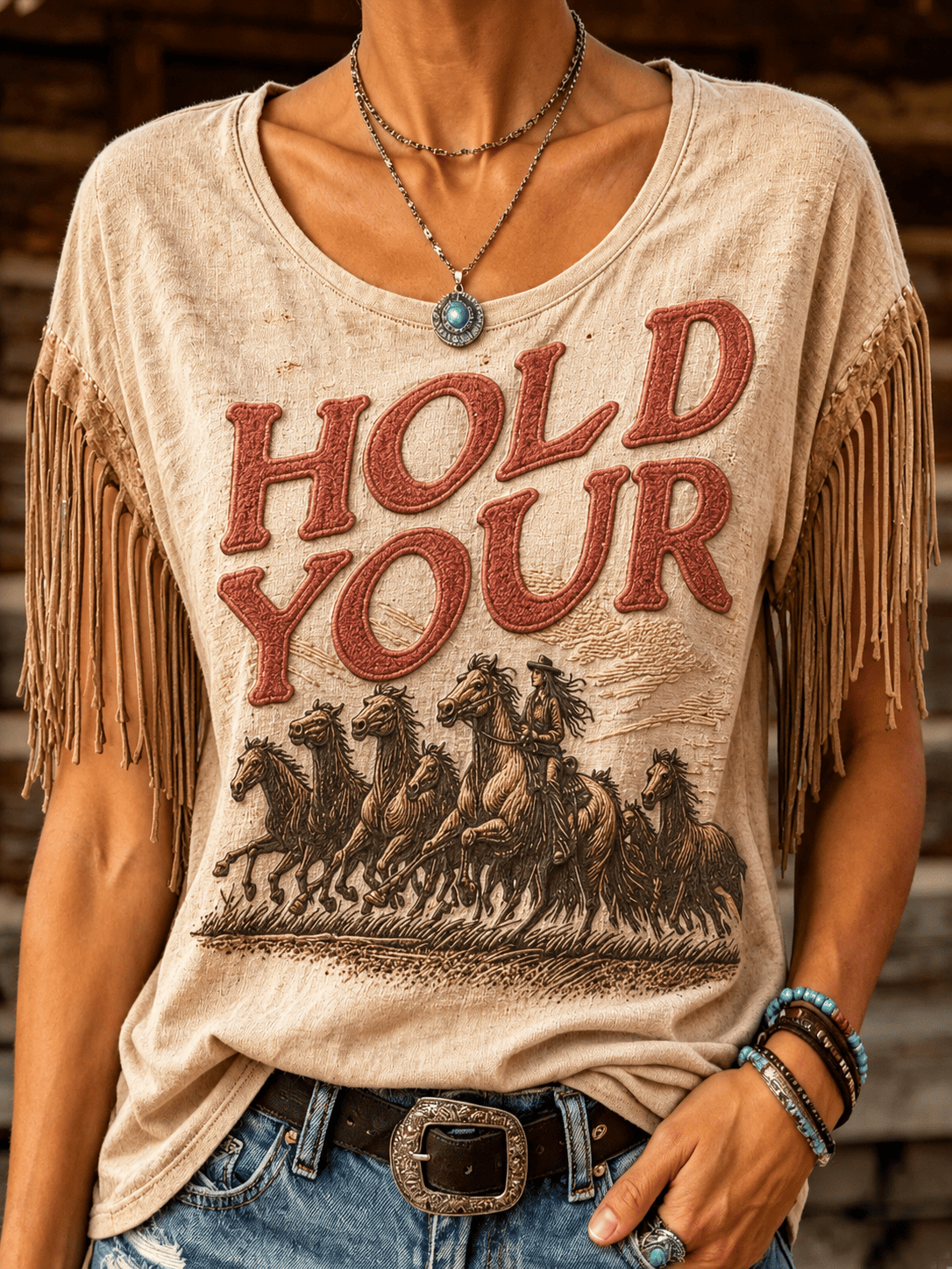 Women's Classic Denim Print Fringe Crew Neck Top