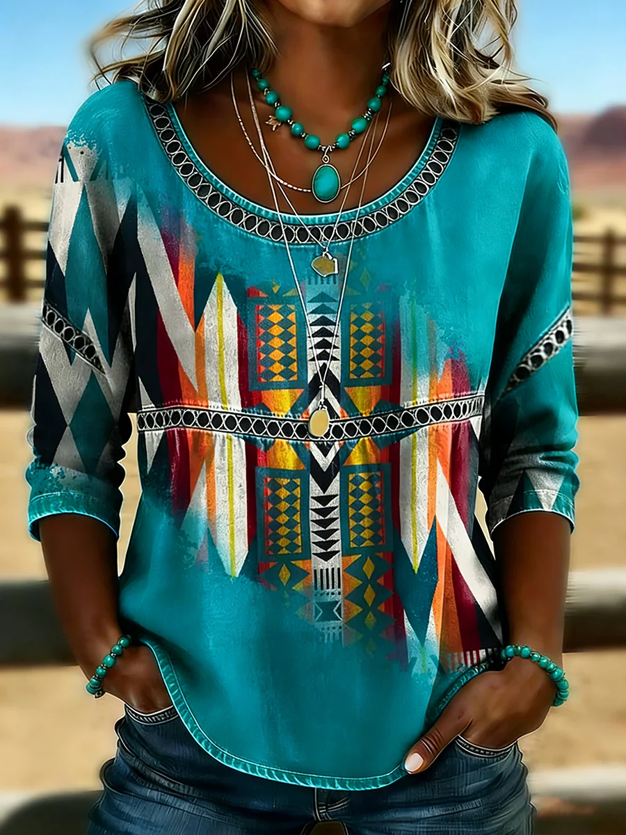 Top casual retro vaquero de mujer con estampado azteca