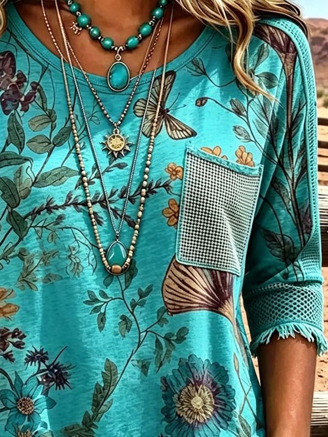 Women'S Casual Tassel Patchwork Printed Top