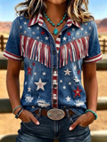 Women'S Retro Western Style Patriotic Printed Short Sleeved Shirt