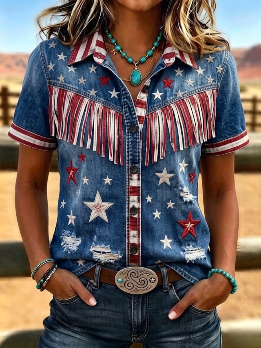 Women'S Retro Western Style Patriotic Printed Short Sleeved Shirt