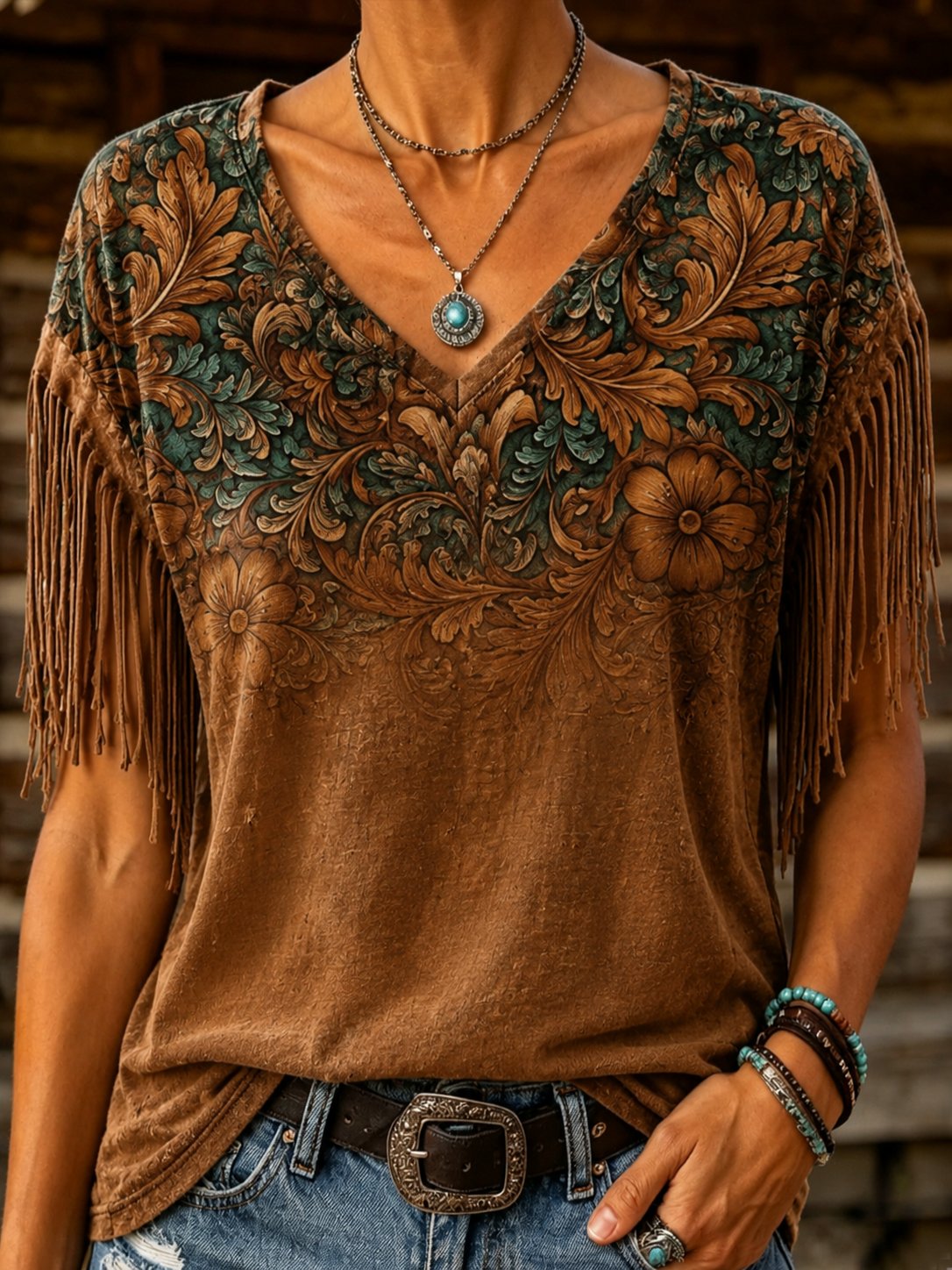 Women's Retro Western Paisley Print Tassel V-Neck Top