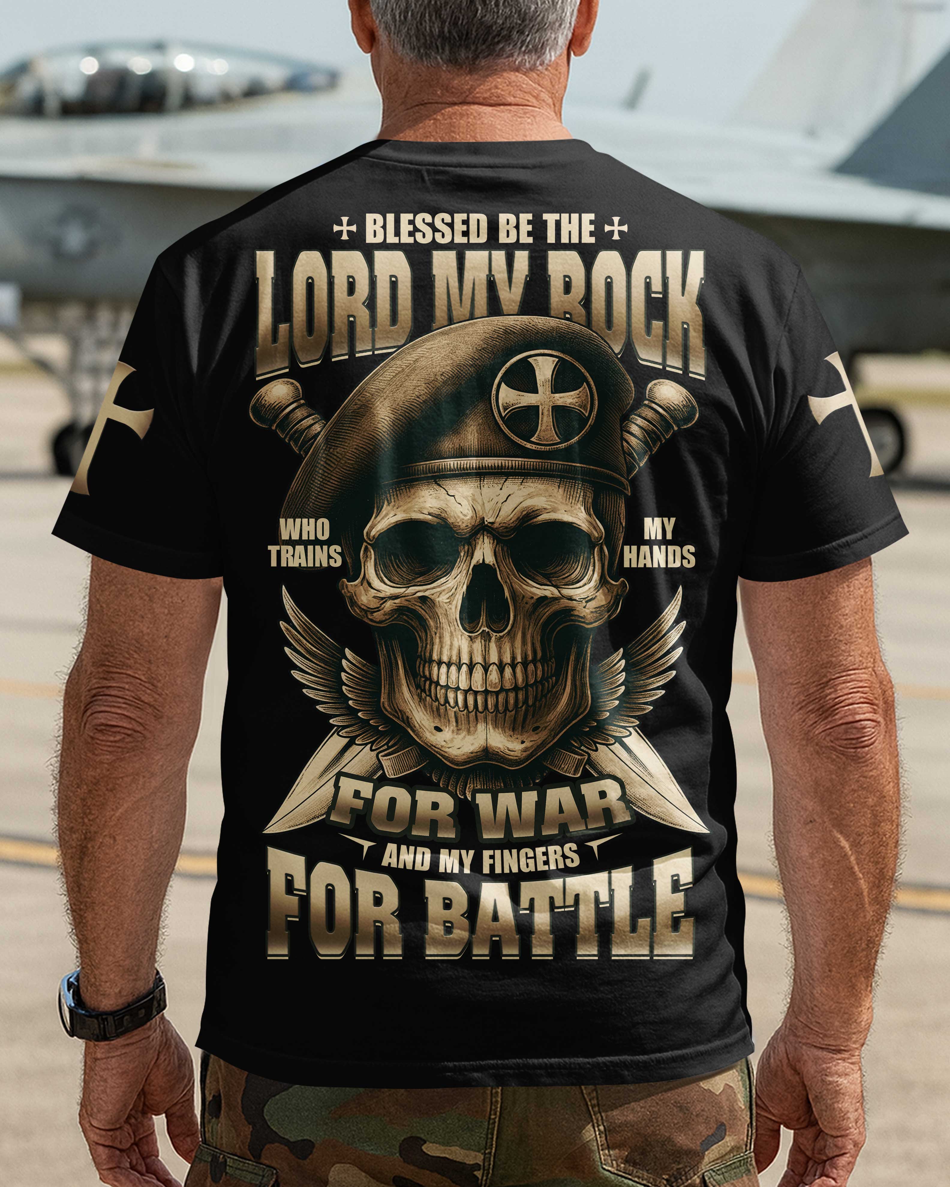 T-shirt « Béni soit l'Éternel, mon rocher, qui exerce mes mains au combat »